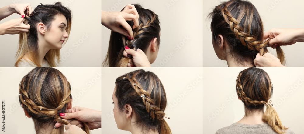 Process of weaving braid.  Boho style. Hairstyle for short hair. - obrazy, fototapety, plakaty 