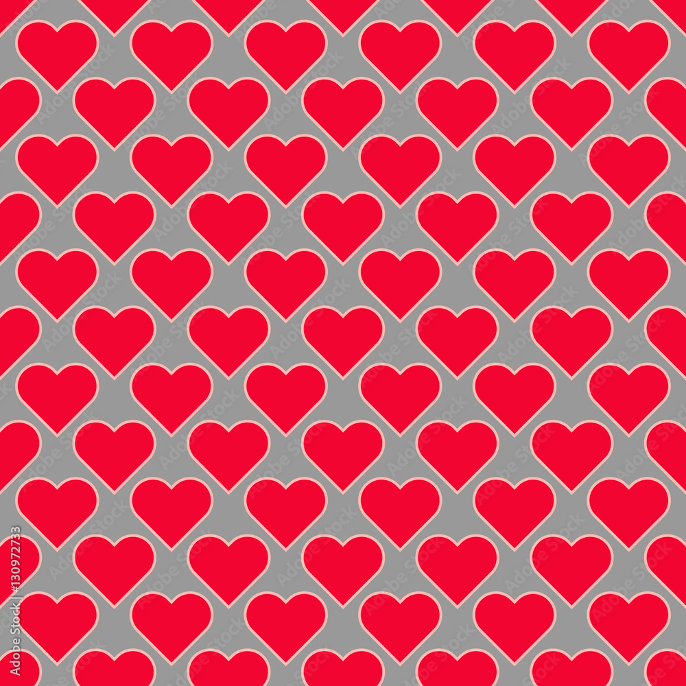 Red hearts on grey background. Seamless pattern