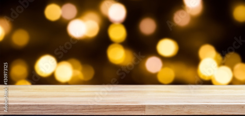 Wood table top on lights bokeh  background