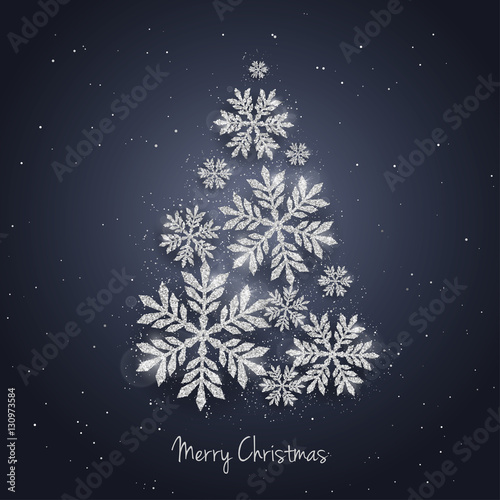 Vector Christmas New Year greeting card with sparkling glitter silver textured snowflakes make Christmas tree shape. Seasonal holidays background