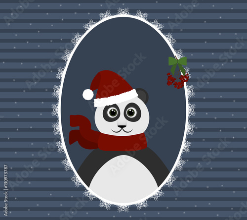 Fototapeta Naklejka Na Ścianę i Meble -  panda in the Santa hat in openwork frame. New Year background