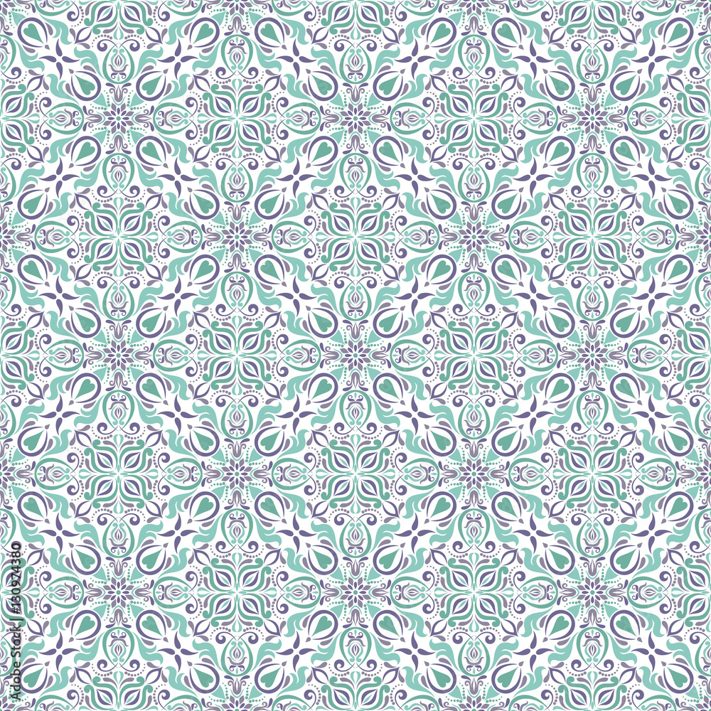 Seamless background of beige and blue color in the style of Damascus. Vintage ornament. Use for wallpaper, printing on the packaging paper, textiles.