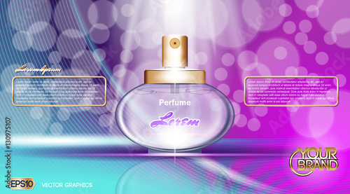 Digital vector purple and blue glass perfume for women container mockup, with your brand, ready for print ads or magazine design. Transparent and shine, realistic 3d style