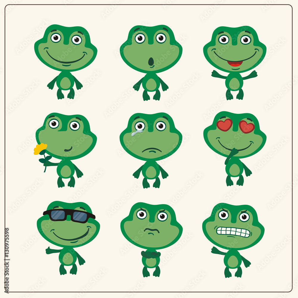 Vector set isolated cute frog. Collection funny frog in cartoon style. Vector set isolated cute frog. Collection funny frog in cartoon style.