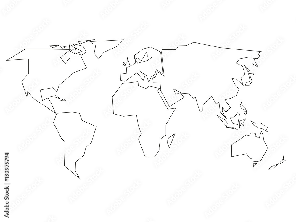 Simplified black outline of world map divided to six continents. Simple flat vector illustration on white background.