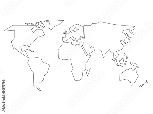 Fototapeta Naklejka Na Ścianę i Meble -  Simplified black outline of world map divided to six continents. Simple flat vector illustration on white background.