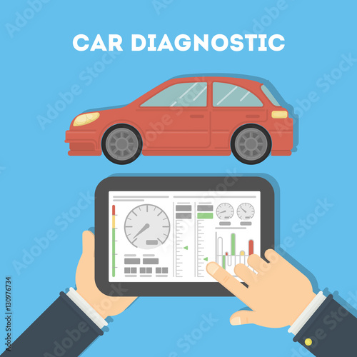 Car diagnostic with tablet. Hands holding tablet and testing car. Analyzing and monitoring the car.