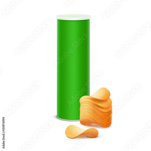 Box Container Tube with Stack of Potato Crispy Chips Isolated