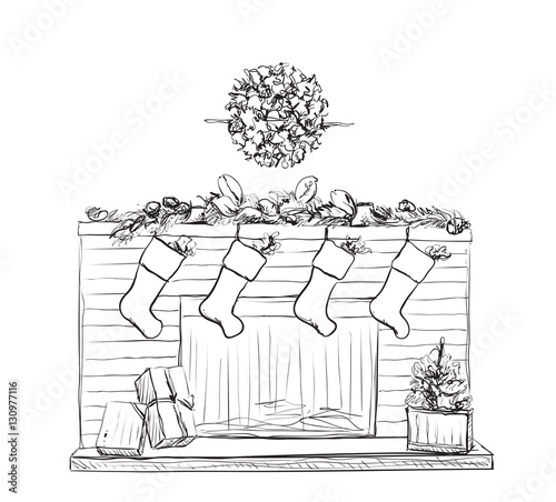 Illustration of fireplace with socks and Christmas decorations