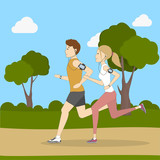 Man and woman jogging in the countryside. People in fitness outfit. Healthy lifestyle.
