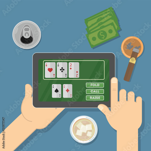 Online casino in the tablet. Hands holding device with gambling game. Gaming addiction. Money and cigar. Card game.