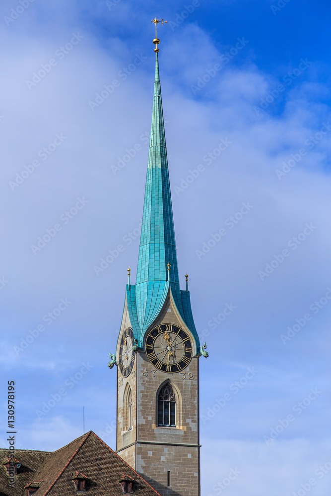 Clock tower of the Fraumunster Cathedral in Zurich, Switzerland