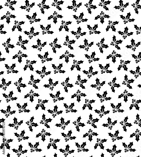 Holly berries seamless pattern black on white