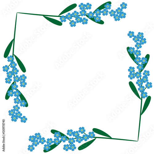 Floral vintage frame with forget-me-not flowers. Spring border with blue millefleurs.