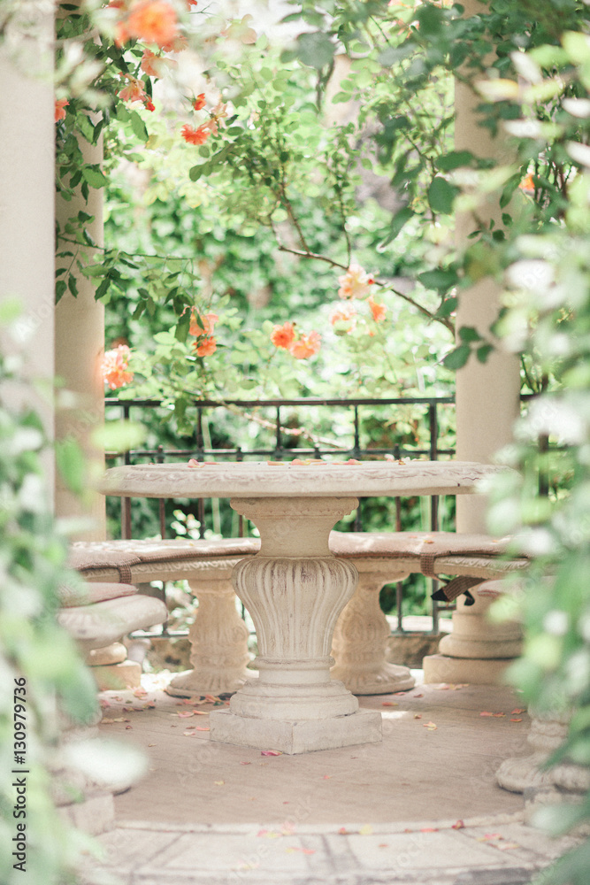 pavilion in beautiful flower garden