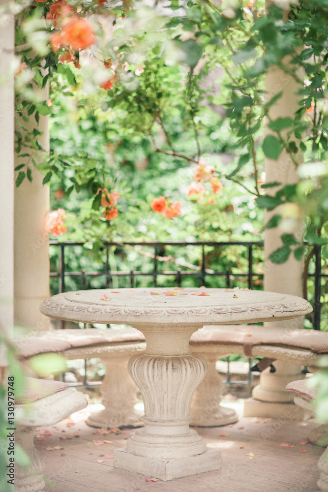 pavilion in beautiful flower garden