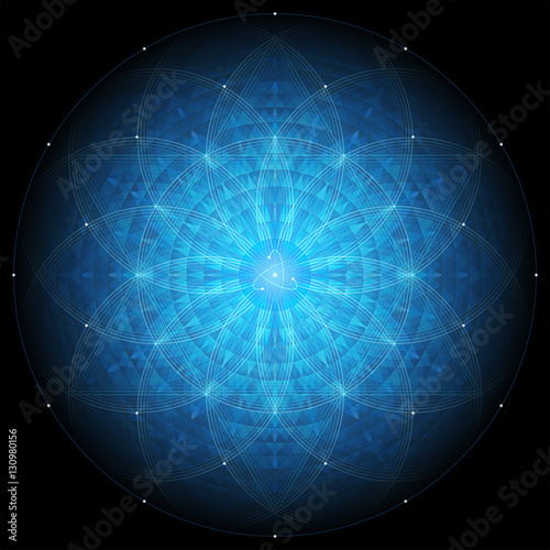 complex deep blue geometric mandala on black background, sacred geometry, flower of life and atom, vector