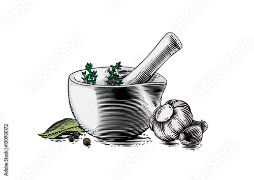 Mortar bowl and pestle with spice, herb and garlic
