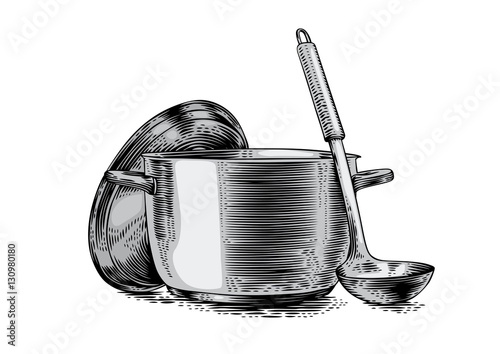 Metal pot with lid and ladle