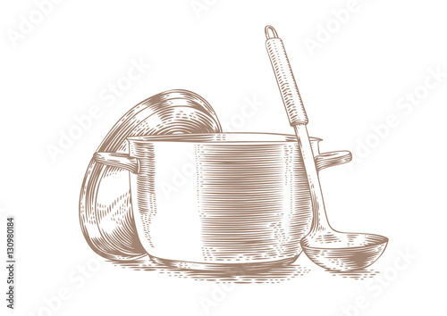 Metal pot with lid and ladle