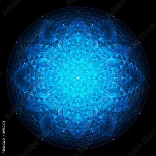 complex deep blue geometric mandala on black background, sacred geometry, flower of life, vector