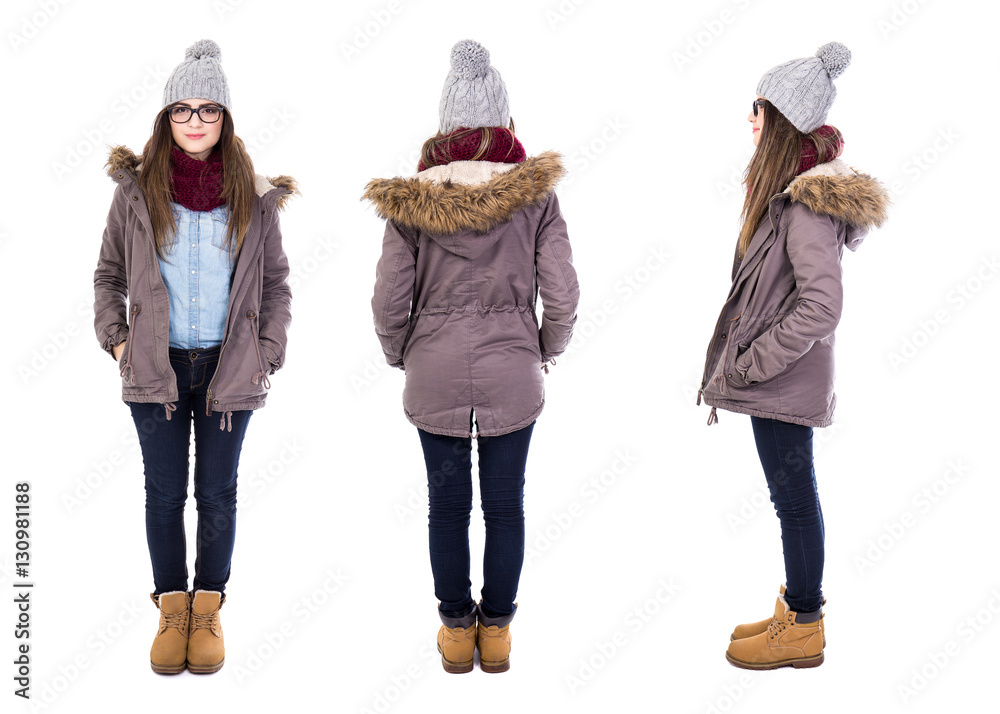 front, back and side view of young woman in winter clothes isola Stock  Photo