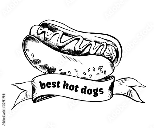 Hot dog and banner. Hand drawn vector Illustration. Menu template.
