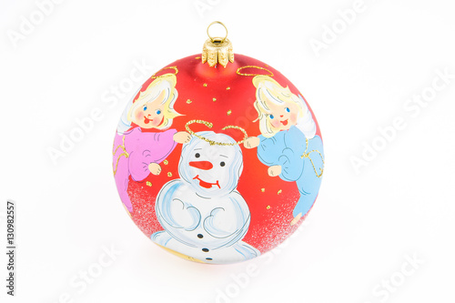 Christmas ball with Angels and a snowman, hand painted, isolated