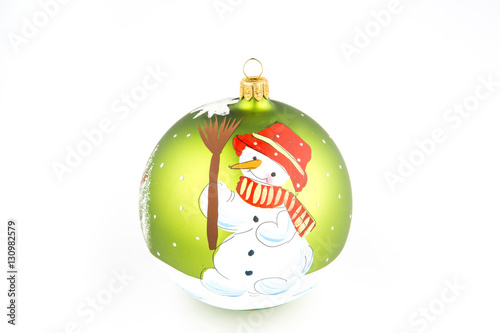 Christmas ball with a snowman, hand painted, isolated on white