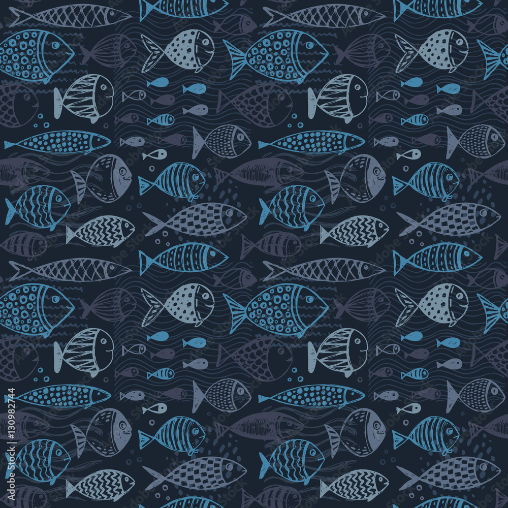 Naklejka premium Seamless pattern with hand drawn funny fishes in sketch style.