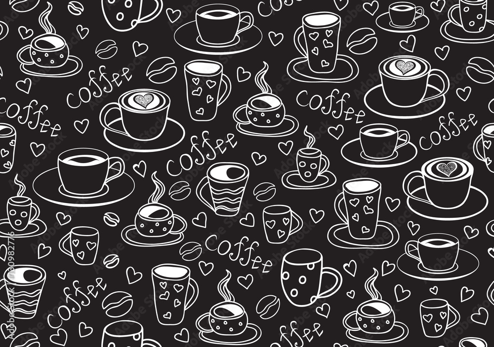Beverage vector seamless pattern with various coffee cups and words Beverage vector seamless pattern with various coffee cups and words
