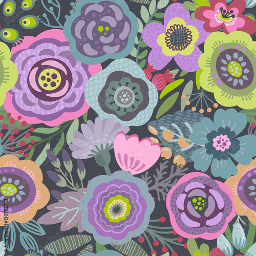 Fototapeta Naklejka Na Ścianę i Meble -  Vector seamless pattern with flowers, leaves, branches and berries.