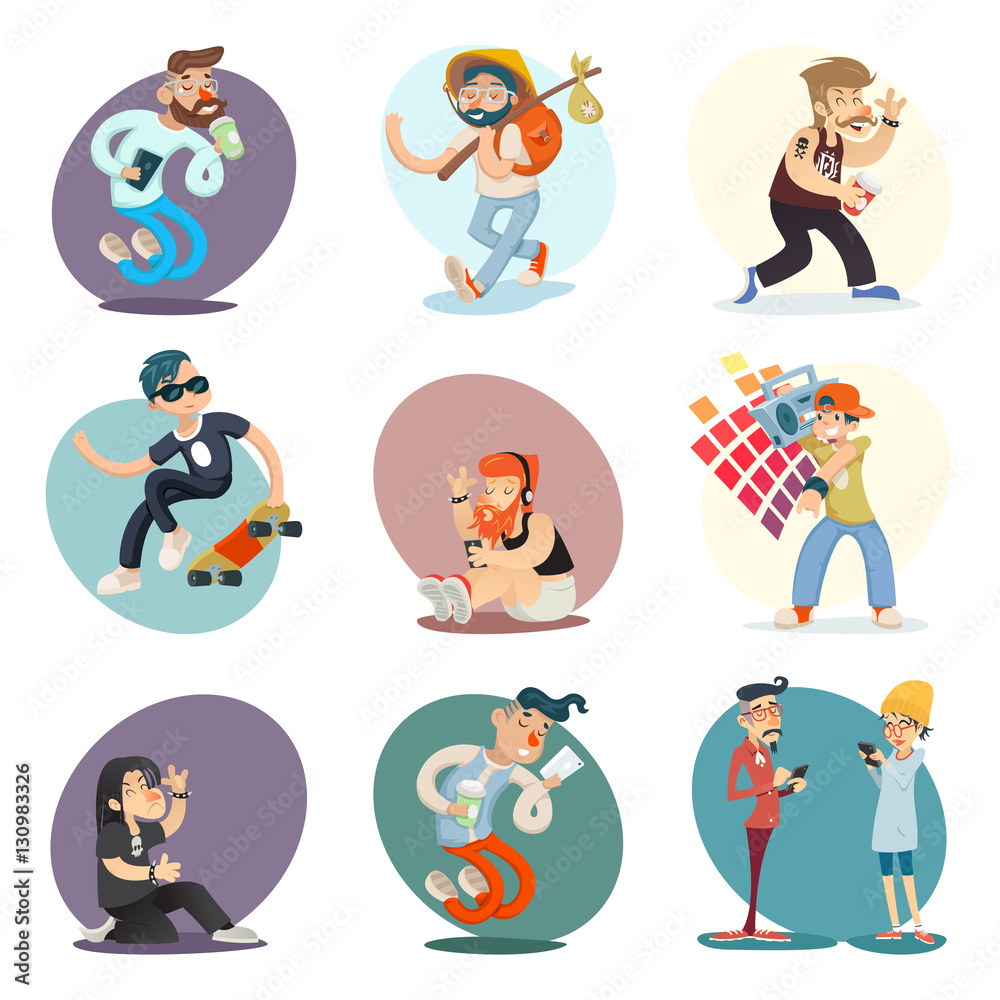 Cartoon Casual People Hipster Geek Goth Mobile Phone Coffie Characters Icon Set Design Retro Vector Illustration Cartoon Casual People Hipster Geek Goth Mobile Phone Coffie Characters Icon Set Design Retro Vector Illustration