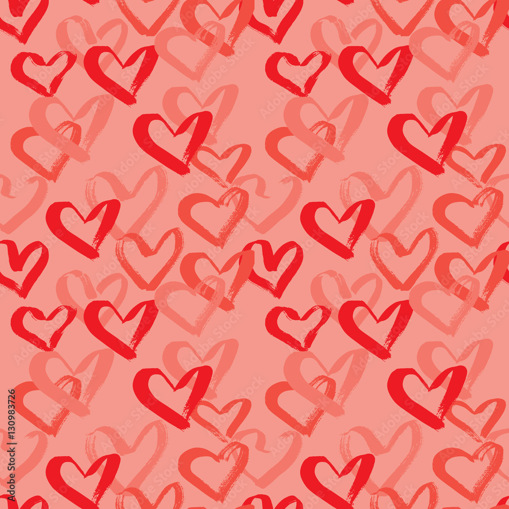 Abstract seamless heart pattern. Ink illustration. Red and pink background