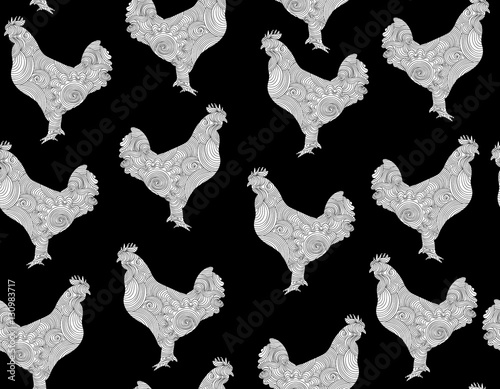 Happy new year vector seamless pattern with rooster, symbol of year 2017 photo