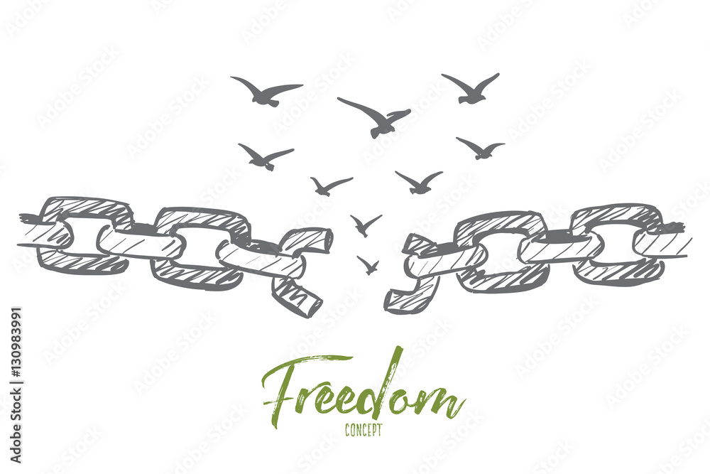Vector hand drawn freedom concept sketch with broken chain and flock of