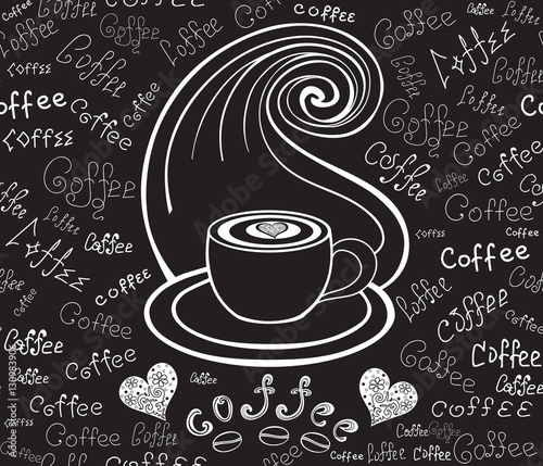 Food and drink vector seamless pattern with coffee cup, hot smoke and words "Coffee" handwritten by chalk on grey board. Endless beverage texture