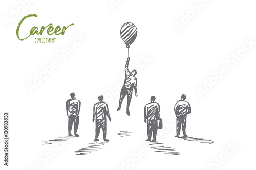 Vector hand drawn career development concept sketch with person holding small air balloon on raised hand while flying up and other people around looking at him.