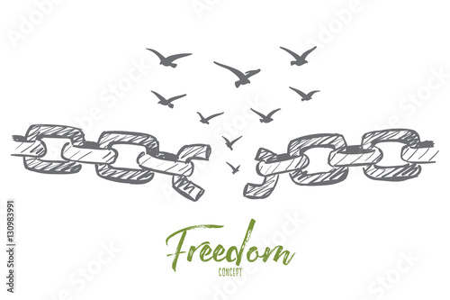 Vector hand drawn freedom concept sketch with broken chain and flock of birds flying over it