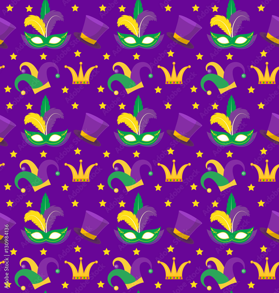 Mardi Gras Carnival seamless pattern with with mask feathers, crown