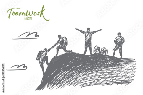 Vector hand drawn teamwork concept sketch with alpinist helping with hand another climber to reach mountain top and two people awaiting for them