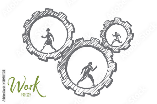 Vector hand drawn work concept sketch with business people running inside of cogwheels and lettering