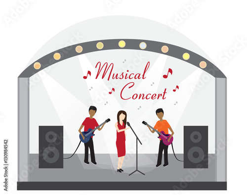 Invitation to a musical concert. Performance of the musical group on stage. Musical equipment and instruments.