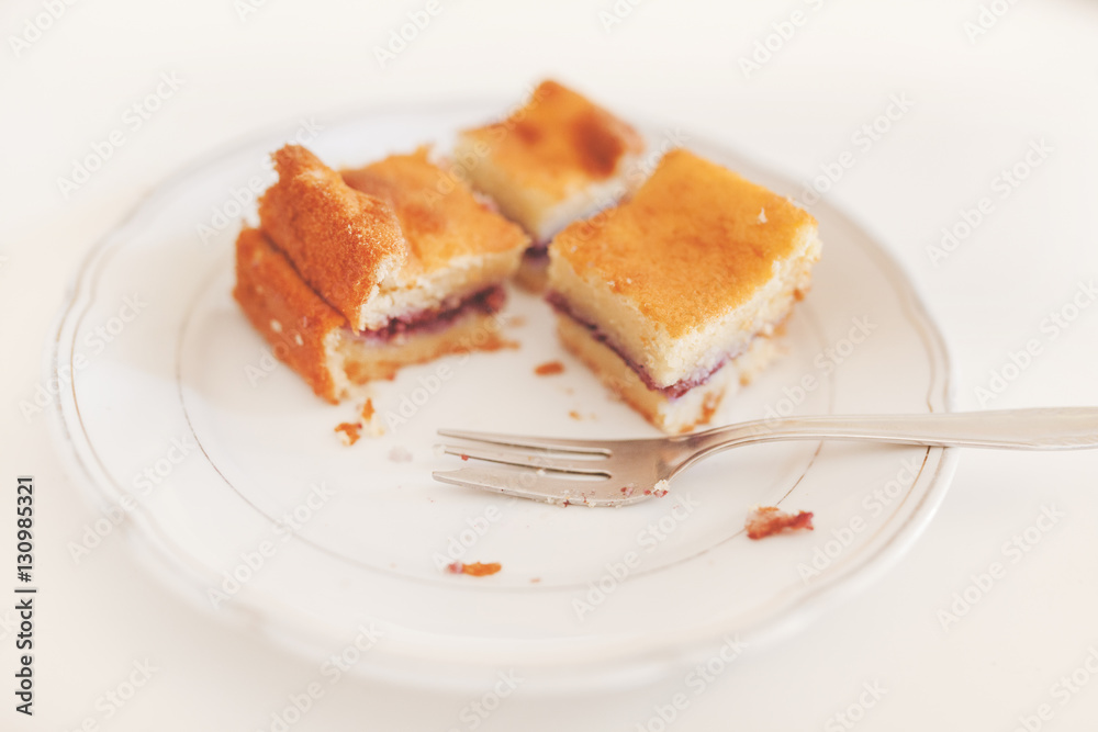 Slices of gluten-free homemade cakes with blueberry filling on the plate. Post processed with matte filter.