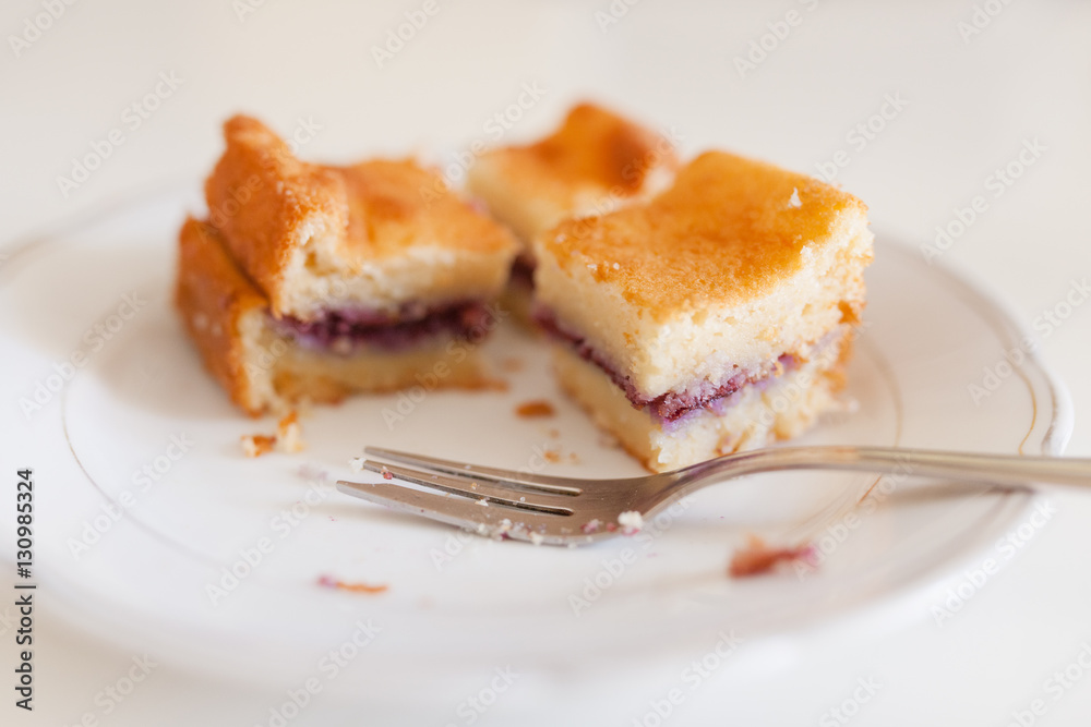 Slices of gluten-free homemade cakes with blueberry filling on the plate. Slices of gluten-free homemade cakes with blueberry filling on the plate.