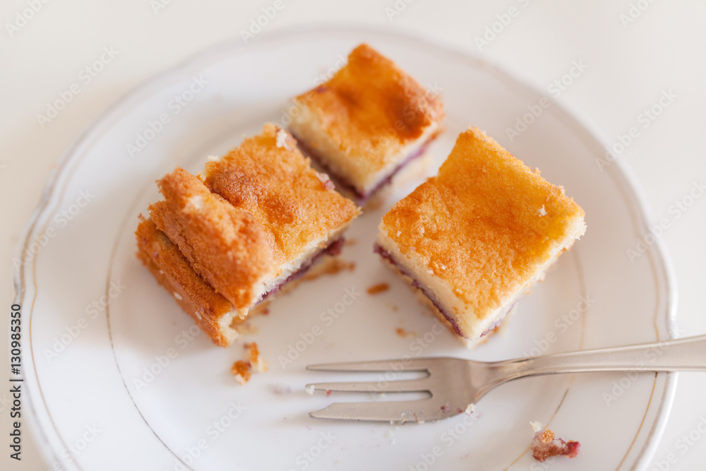 Slices of gluten-free homemade cakes with blueberry filling on the plate. Slices of gluten-free homemade cakes with blueberry filling on the plate.