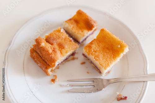 Slices of gluten-free homemade cakes with blueberry filling on the plate.