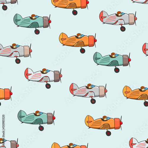 Airplane vintage. Pattern with retro cartoon airplanes. Vector doodle illustration