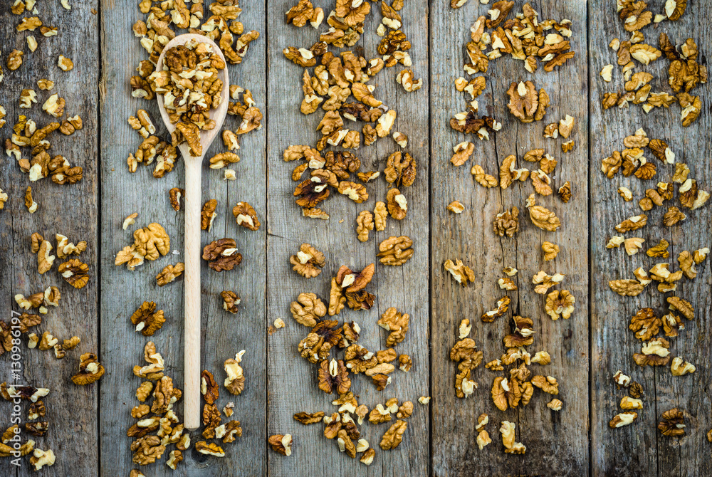 Healthy seeds of walnuts, shelled nuts from local market, overhead Healthy seeds of walnuts, shelled nuts from local market, overhead
