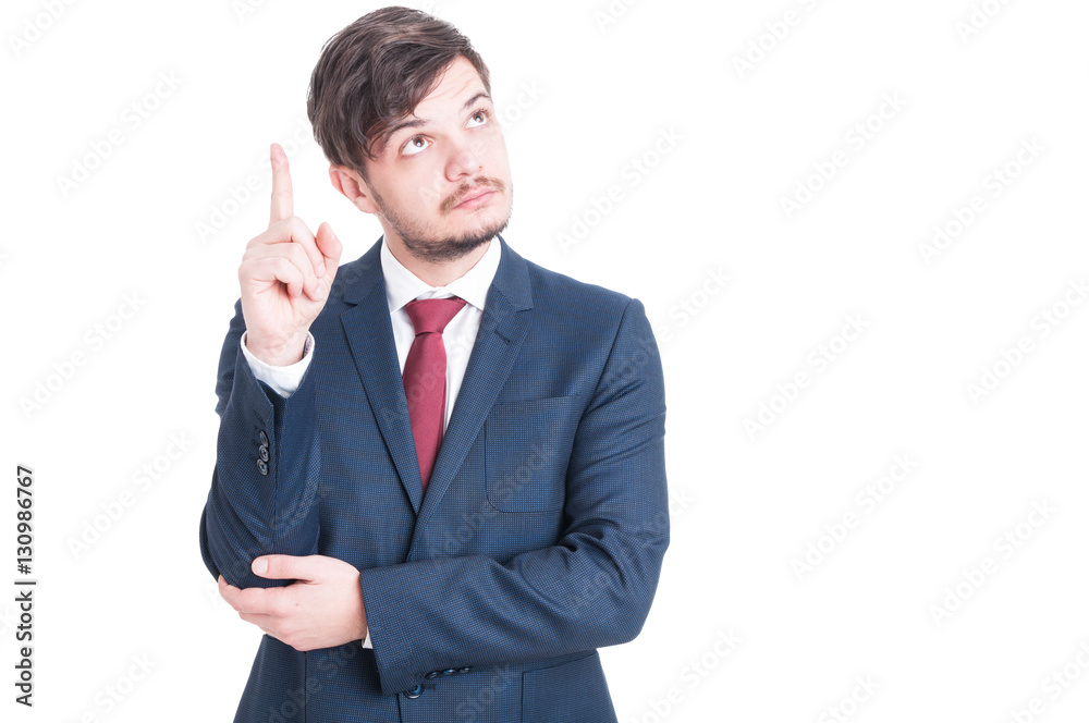 Sales man looking and showing up or idea Sales man looking and showing up or idea